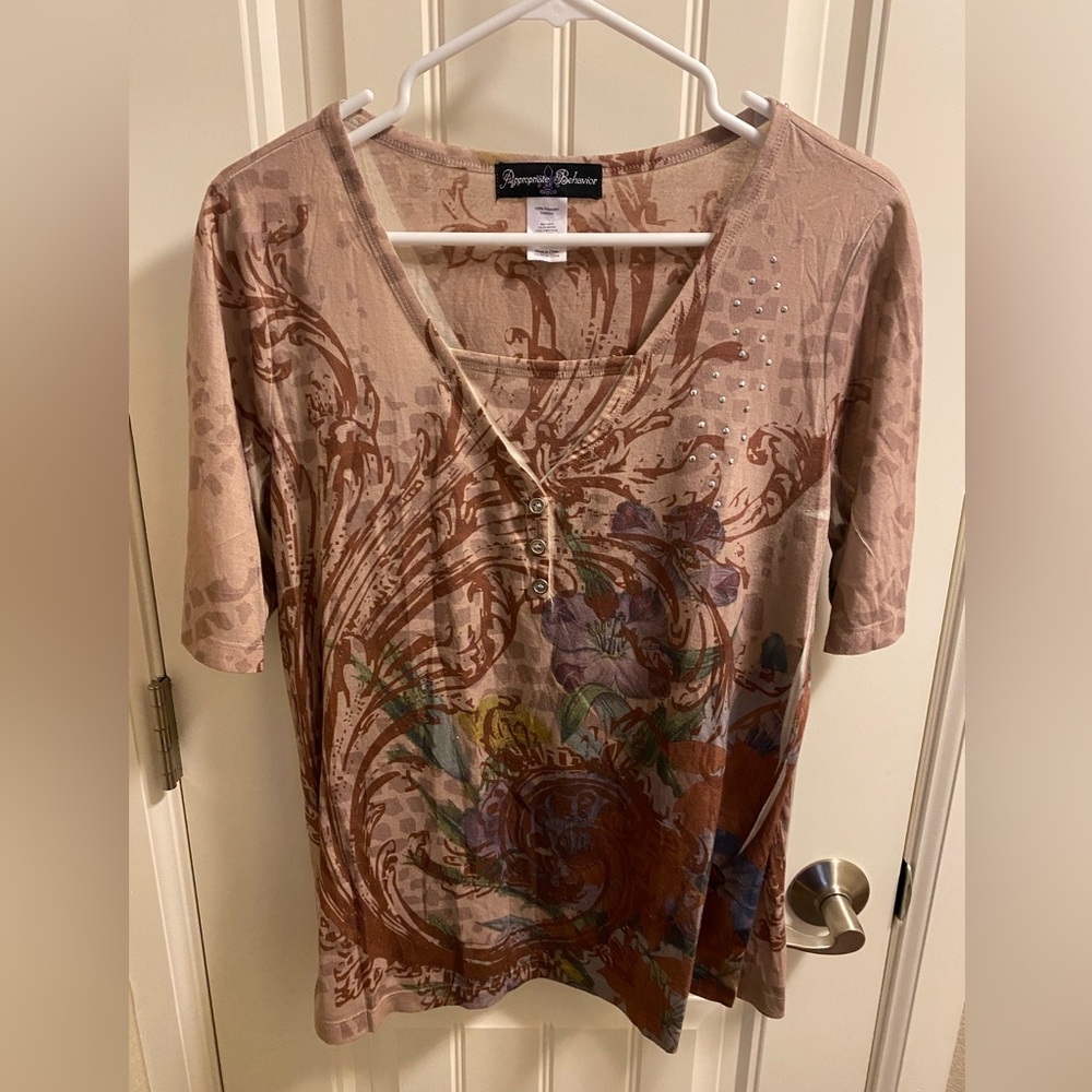 Appropriate Behavior L Top Rhinestone Blouse Half Sleeve Shirt Large Lg